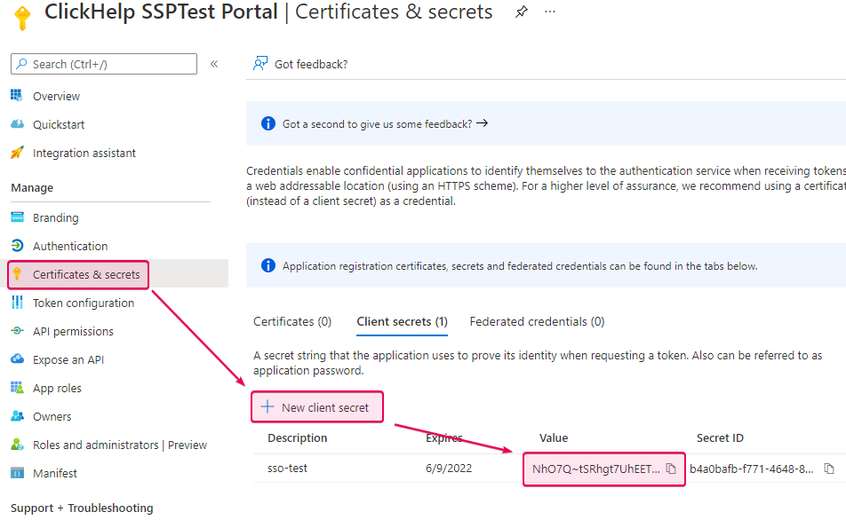 Copy the necessary value on the Certificates & secrets screen