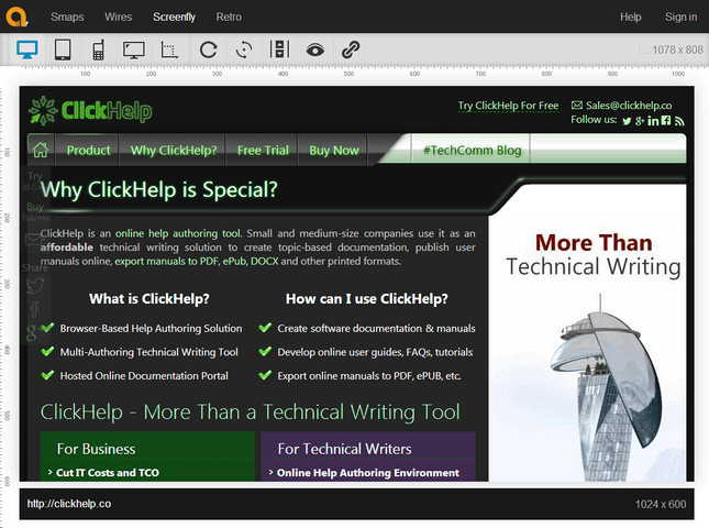 ClickHelp Web Site in Screenfly Emulation