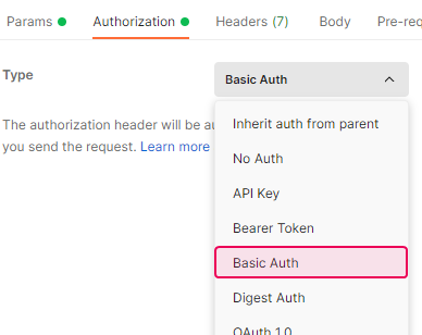 Authorization tab in Postman - Basic Auth