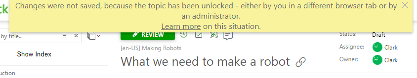 Notification informing that changes were not saved, because the topic has been unlocked