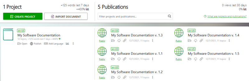 Different versions of one manual displayed on the Projects page