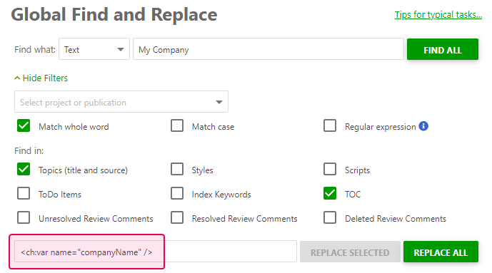 Fill in the Replace with field in the GF&R dialog