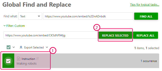 Select a topic where you want to replace the link and click the Replace Selected button
