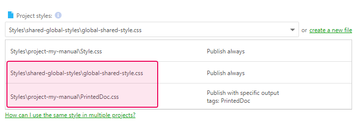 The positions of the style files in the list of style files of the project