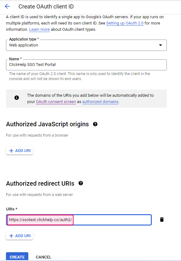 Set the Application type as a Web application on the Create OAuth client ID screen